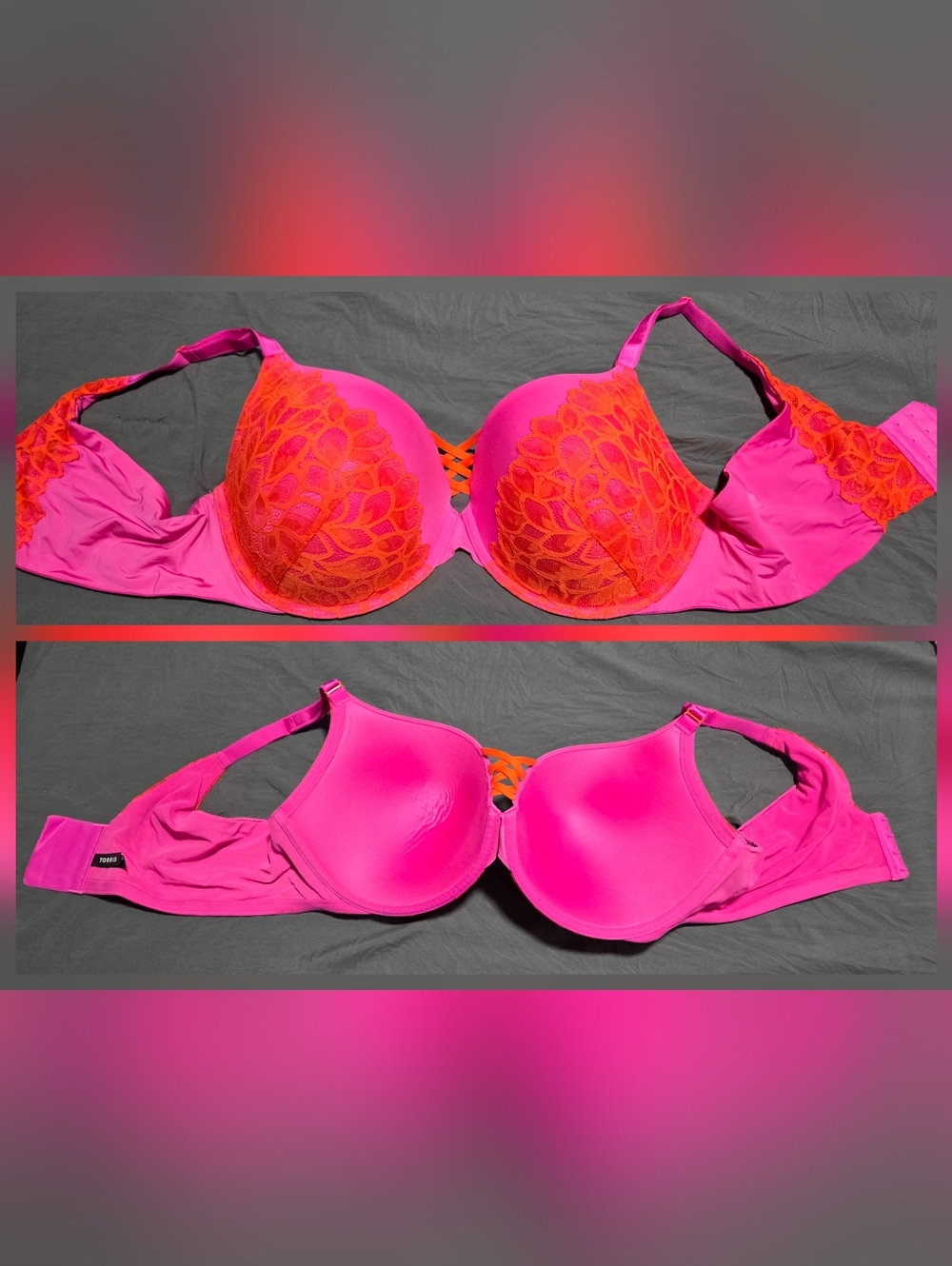 torrid Hot Pink Bra with Red Lace Accents XO Plunge Push-Up - Picture 2 of 7